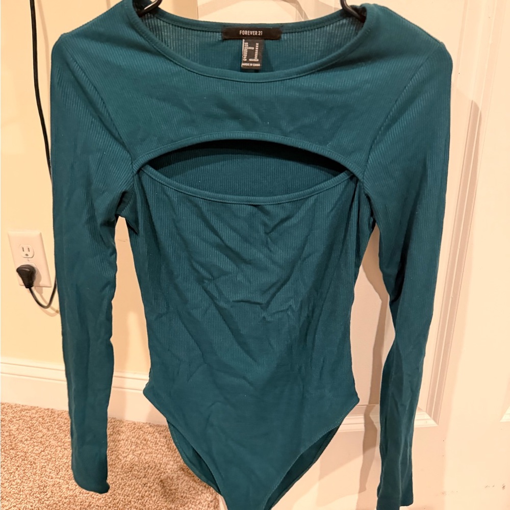 Forever 21 Teal Cutout Long Sleeve Bodysuit